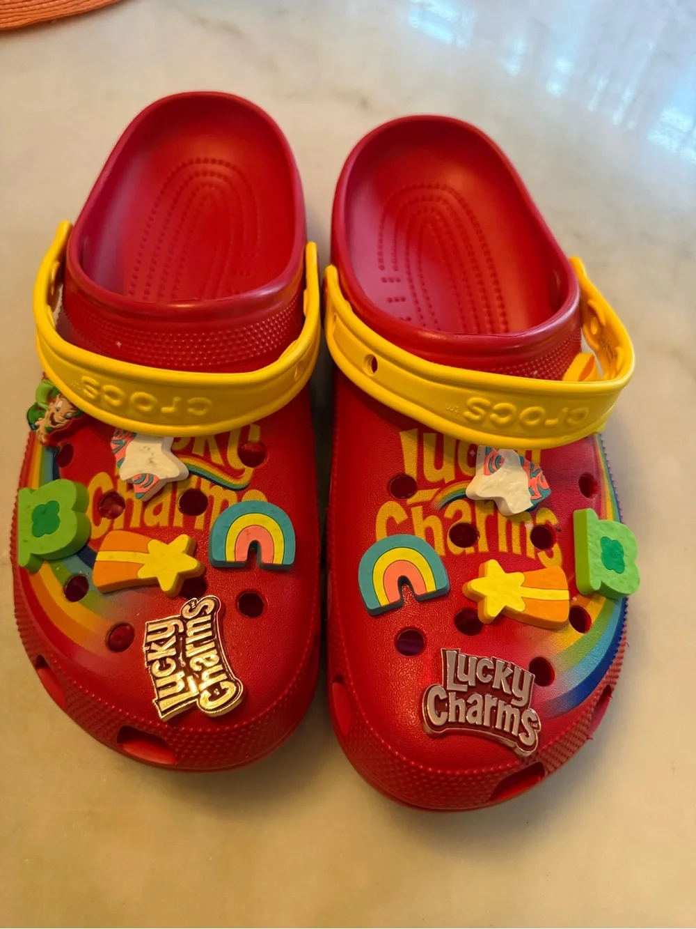 CROCS Red Clogs with Yellow Strap and Rainbow Charms